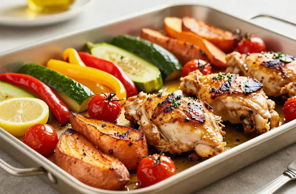 Finished sheet pan chicken dinners affordable recipe for Sheet Pan Chicken Dinners: 20 Affordable Meal-Prep Recipes for Busy Weeknights - A vibrant hero of a si