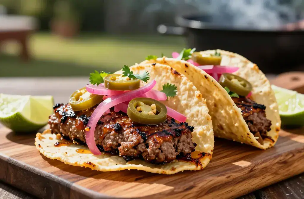 Finished smash burger tacos cookout hit recipe for Smash Burger Tacos Are the Cookout Hit You Need: a Crowd-Pleaser - A visually striking hero shot of smash bur