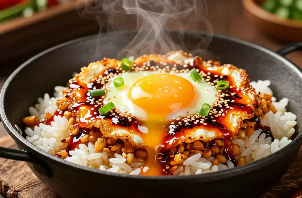 Finished spicy chili oil fried eggs recipe for Spicy Chili Oil Fried Eggs Over Garlic Rice: Weeknight Wow - A glossy, high-contrast culinary hero shot of spicy