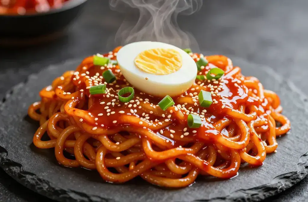 Finished spicy gochujang noodles ready under recipe for Spicy Gochujang Noodles: 11 Recipes Ready in Under 25 Minutes-Weeknight Winners - A vibrant, glossy plat