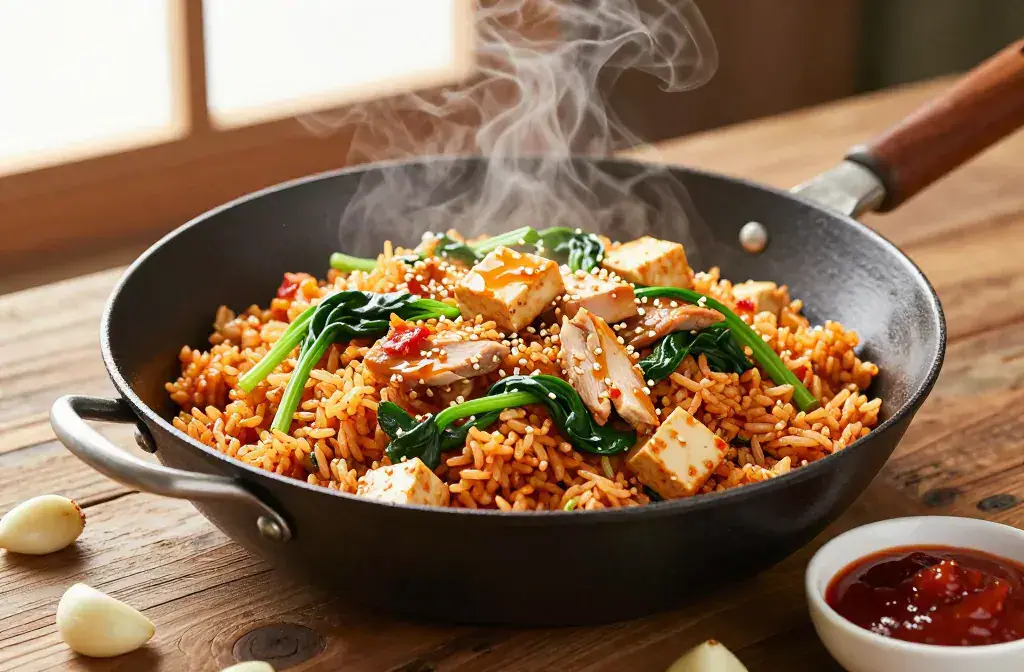 Finished spicy kimchi fried rice quick recipe for Spicy Kimchi Fried Rice for a Quick Gut-Healthy Dinner: Weeknight Powerhouse - A sizzling hot wok of spicy kim