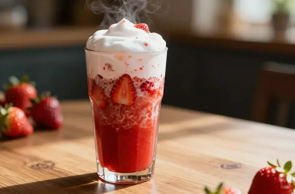 Finished strawberry cold foam top iced recipe for Strawberry Cold Foam Recipe to Top Your Iced Summer Coffee: Quick Summer Sparkle - A high-contrast, photoreali