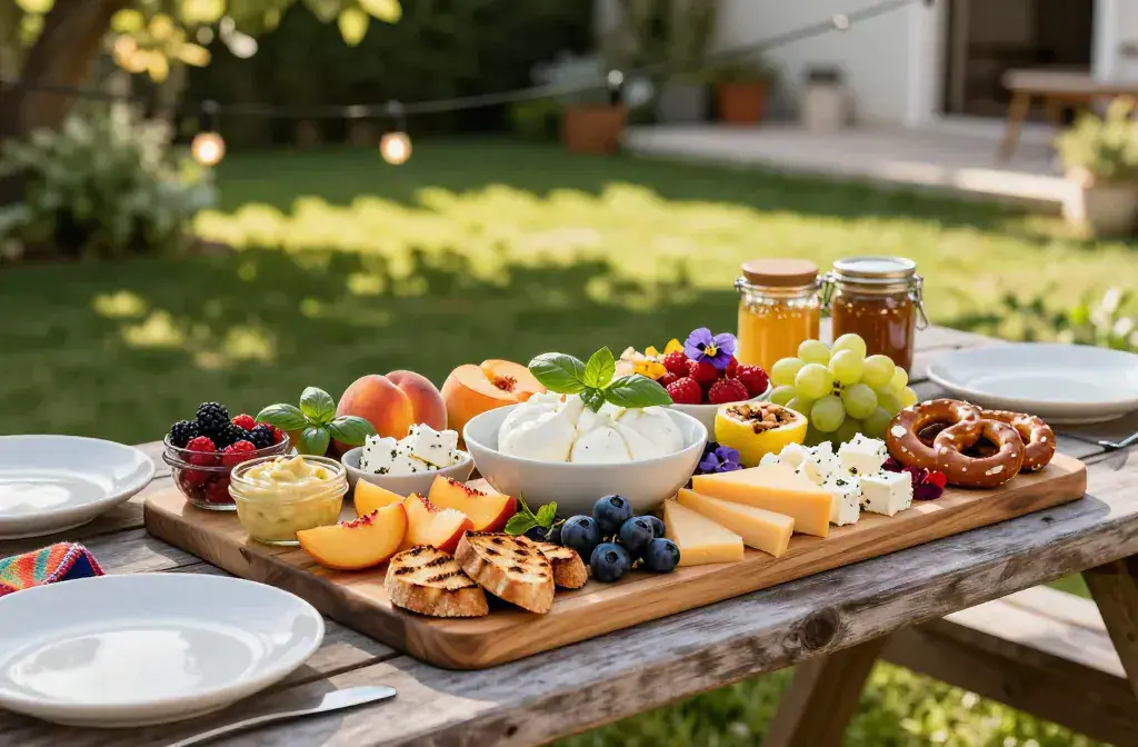 Finished summer charcuterie board backyard hangs recipe for Easy Summer Charcuterie Board Ideas for Backyard Hangs: Vibrant Bites - A vibrant backyard scene fea