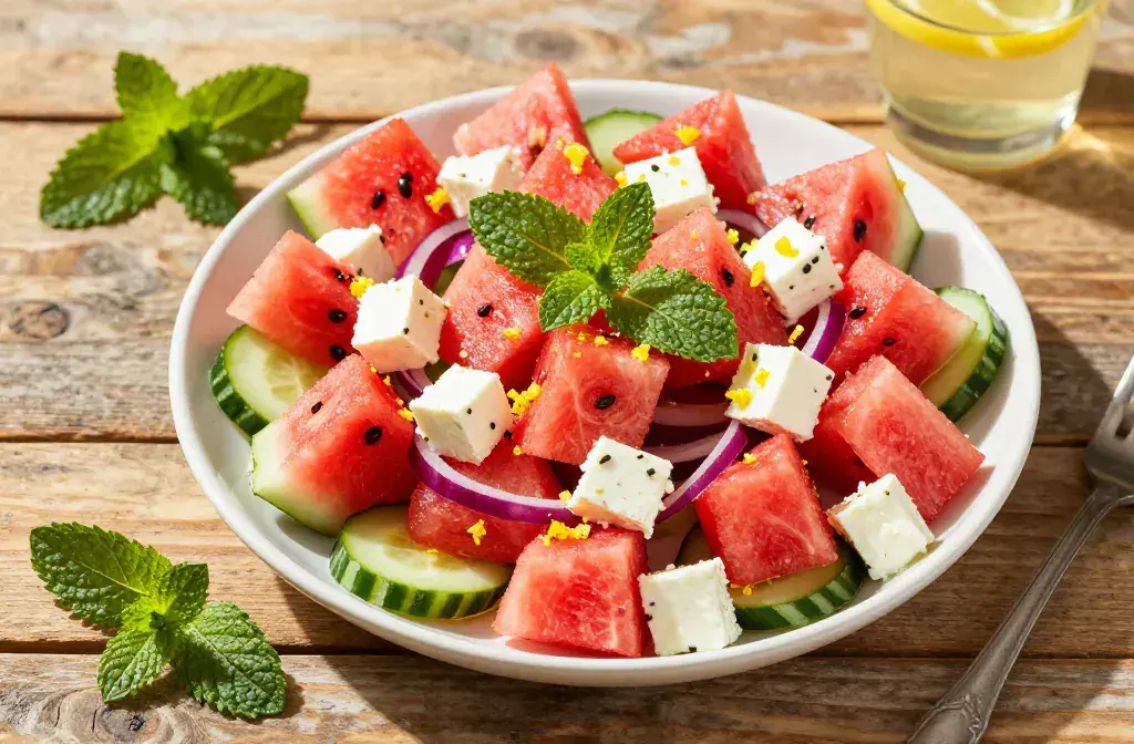 Finished watermelon feta salad mint summer recipe for Watermelon Feta Salad with Mint (Easy Summer Side) | Bright Summer Delight - A vibrant hero shot of Waterm