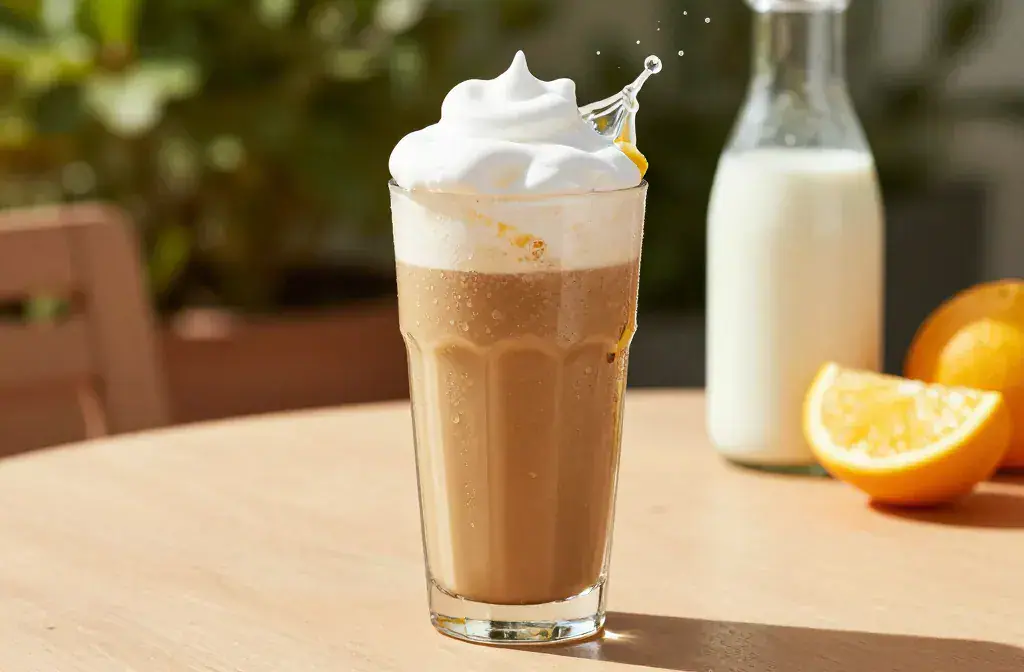 Finished whipped coffee mocktail hot summer recipe for Whipped Coffee Mocktail for Hot Summer Afternoons: Sparkling Sunshine - A polished hero of a tall, clear