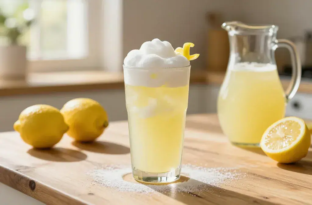 Finished whipped lemonade tastes like summer recipe for Whipped Lemonade That Tastes Like Summer in a Glass: a Cloud-Soft Hit - Whipped lemonade in a sunlit, ai